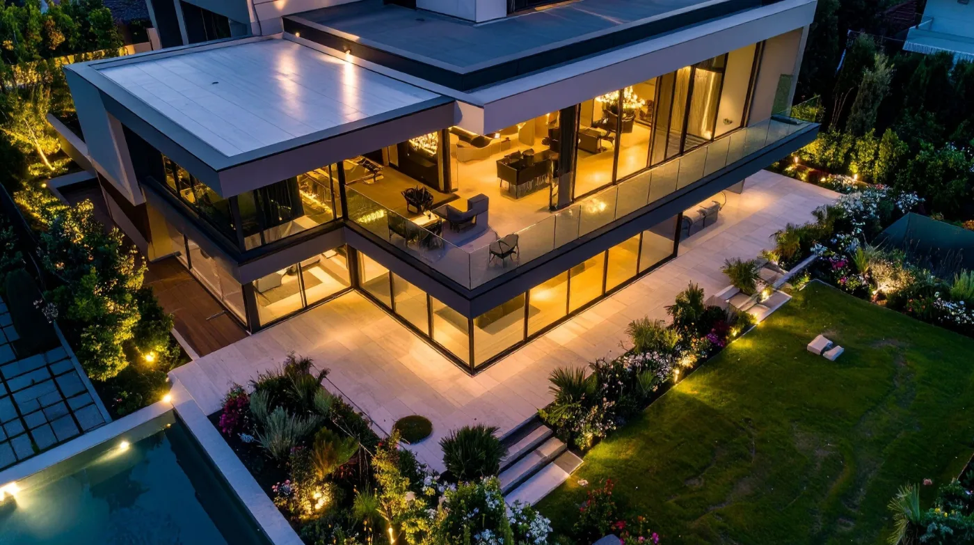 Modern luxury property at dusk, showcasing VizCraft real estate media